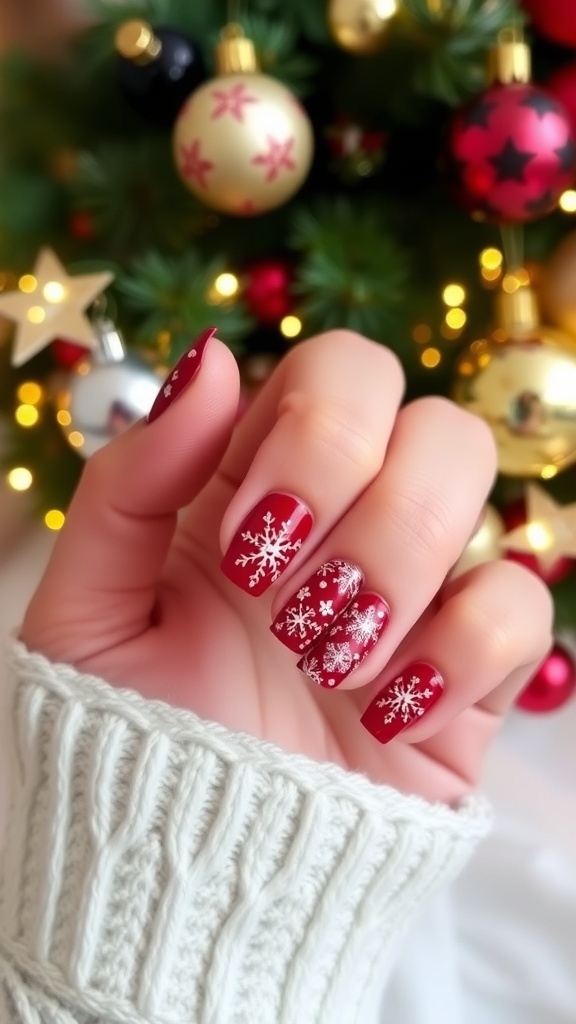 Elegant Christmas nail art with red polish, white snowflakes, and gold accents on a festive background.